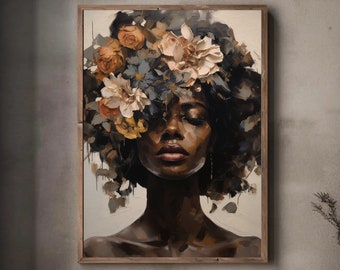 Black woman wall art | PHYSICAL PRINT POSTER | Floral wall art  | African portrait | Black art print | Black woman flowers art print