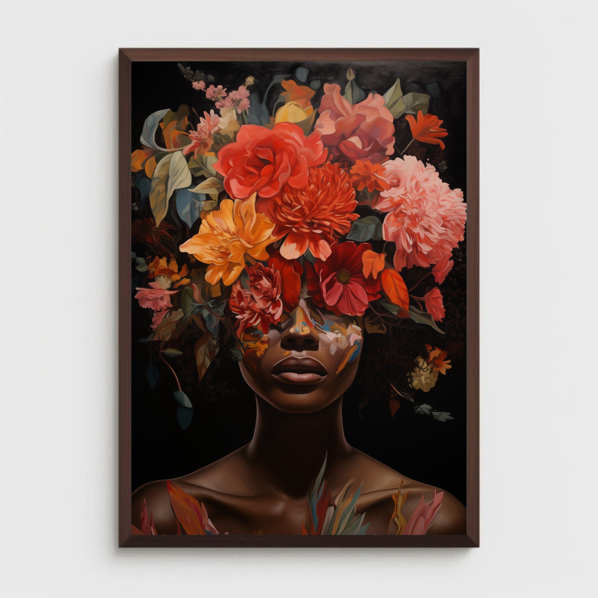 Black woman wall art | PHYSICAL PRINT POSTER | Floral wall art  | African portrait | Black art print | Black woman flowers art print