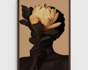 May include: A close-up of a person's face partially obscured by a large, yellow flower. The person has dark skin and short, dark hair. The flower is in focus, while the person's face is slightly out of focus.