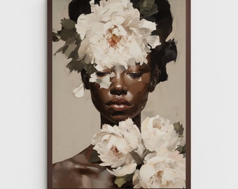 Peut inclure: Une peinture d'une personne à la peau foncée ornée de fleurs blanches. Les fleurs sont disposées autour de la tête et des épaules de la personne. Les yeux de la personne sont fermés et elle a une expression sereine.