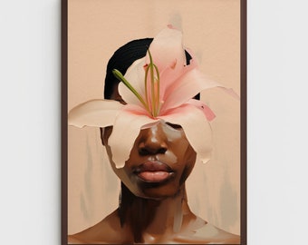 Black woman printable wall art  | DIGITAL DOWNLOAD | Floral wall art  | African portrait | Black art print | Black woman flowers art print