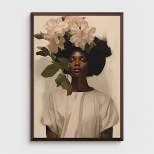 Black woman printable wall art  | DIGITAL DOWNLOAD | Floral wall art  | African portrait | Black art print | Black woman flowers art print