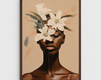 Black woman printable wall art  | DIGITAL DOWNLOAD | Floral wall art  | African portrait | Black art print | Black woman flowers art print