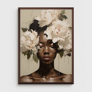 Black woman printable wall art  | DIGITAL DOWNLOAD | Floral wall art  | African portrait | Black art print | Black woman flowers art print
