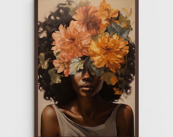 Black woman wall art | PHYSICAL PRINT POSTER | Floral wall art  | African portrait | Black art print | Black woman flowers art print
