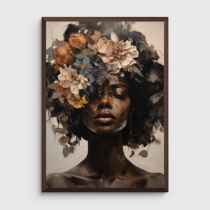 Black woman printable wall art  | DIGITAL DOWNLOAD | Floral wall art  | African portrait | Black art print | Black woman flowers art print