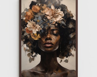 Peut inclure: Une peinture d'une femme à la peau foncée et aux cheveux bouclés. Elle porte une couronne de fleurs dans des tons de brun, blanc et bleu. Ses yeux sont fermés et elle a une expression sereine.