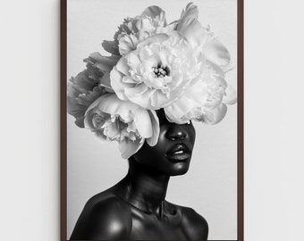 May include: Black and white portrait of a person with a crown of white peonies covering their eyes. The person is looking to the side with their mouth slightly open.