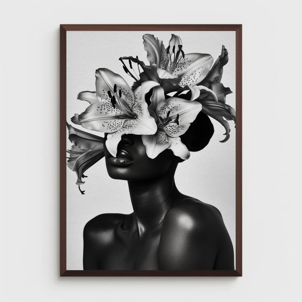 Arte de parede para impressão de mulher negra | DOWNLOAD DIGITAL | Arte floral de parede | Retrato africano | Impressão em arte negra | Impressão artística de flores de mulher negra