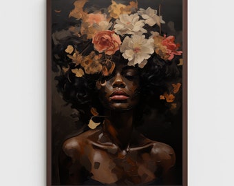 Peut inclure: Une peinture d'une femme à la peau foncée et aux cheveux noirs bouclés. Elle porte une couronne de fleurs blanches et roses. L'arrière-plan est sombre.