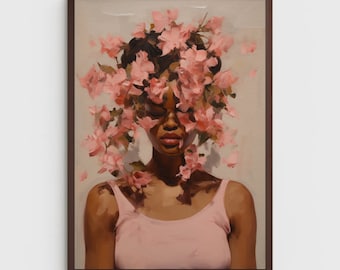 May include: A painting of a person with dark skin wearing a pink tank top. Pink flowers cover the person's head and face.