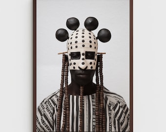 May include: A person wearing a black and white patterned mask with a black and white striped shirt and long brown beaded necklaces. The mask has black polka dots and five black round objects on top.