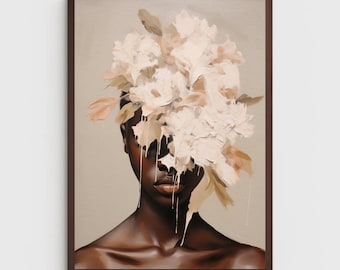 Black woman printable wall art  | DIGITAL DOWNLOAD | Floral wall art  | African portrait | Black art print | Black woman flowers art print