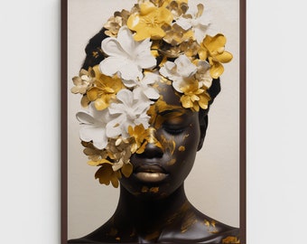 Black woman printable wall art  | DIGITAL DOWNLOAD | Floral wall art  | African portrait | Black art print | Black woman flowers art print