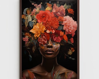 Peut inclure: Une peinture représentant une personne à la peau foncée, son visage caché par un arrangement vibrant de fleurs rouges, orange, jaunes et roses. Les yeux de la personne sont fermés et ses lèvres sont légèrement entrouvertes. L'arrière-plan est d'une couleur sombre, presque noire.