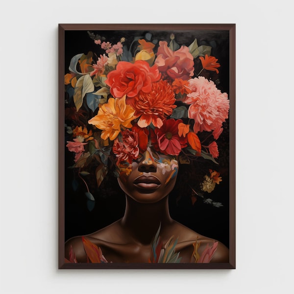 Arte de parede para impressão de mulher negra | DOWNLOAD DIGITAL | Arte floral de parede | Retrato africano | Impressão em arte negra | Impressão artística de flores de mulher negra