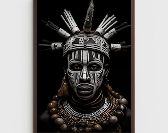 May include: A portrait of a person with black and white face paint and a headdress with a long, white feather. The person is wearing a beaded necklace with brown and gold beads.