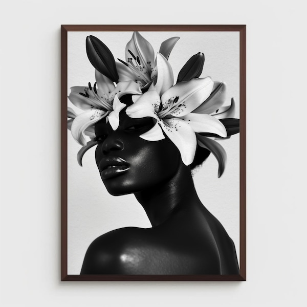 Arte de parede para impressão de mulher negra | DOWNLOAD DIGITAL | Arte floral de parede | Retrato africano | Impressão em arte negra | Impressão artística de flores de mulher negra