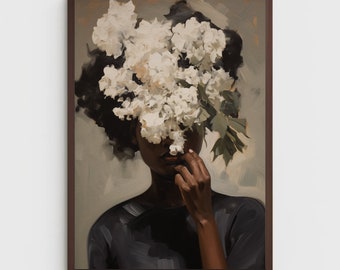 May include: A painting of a person with dark skin, partially obscured by a large bouquet of white flowers. The person is wearing a dark blue shirt and has their hand near their face.