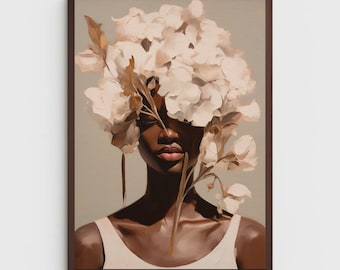 May include: A painting of a person with brown skin, wearing a white vest top, with a large bouquet of white flowers covering their face. The background is a light beige colour.