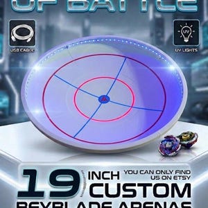 May include: A 19-inch custom Beyblade arena with UV-reactive glow, featuring a circular design with red and blue accents. Includes USB-powered UV lights. The text reads "The Next Generation of Battle."