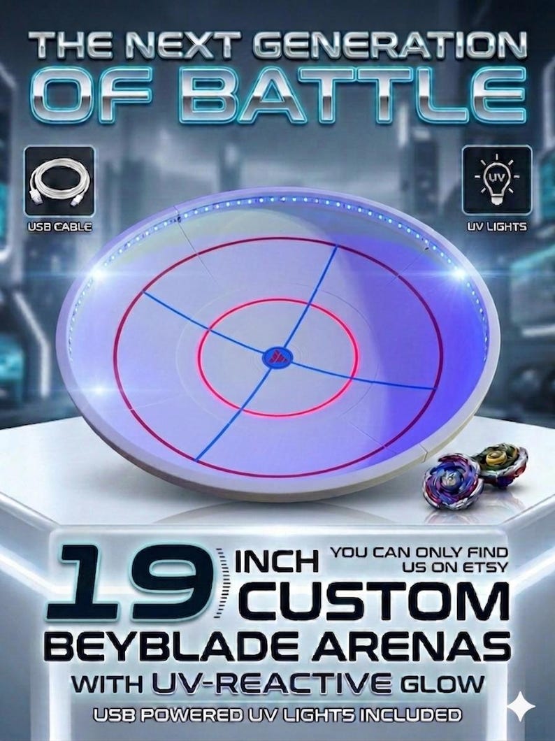 May include: A 19-inch custom Beyblade arena with UV-reactive glow, featuring a circular design with red and blue accents. Includes USB-powered UV lights. The text reads "The Next Generation of Battle."