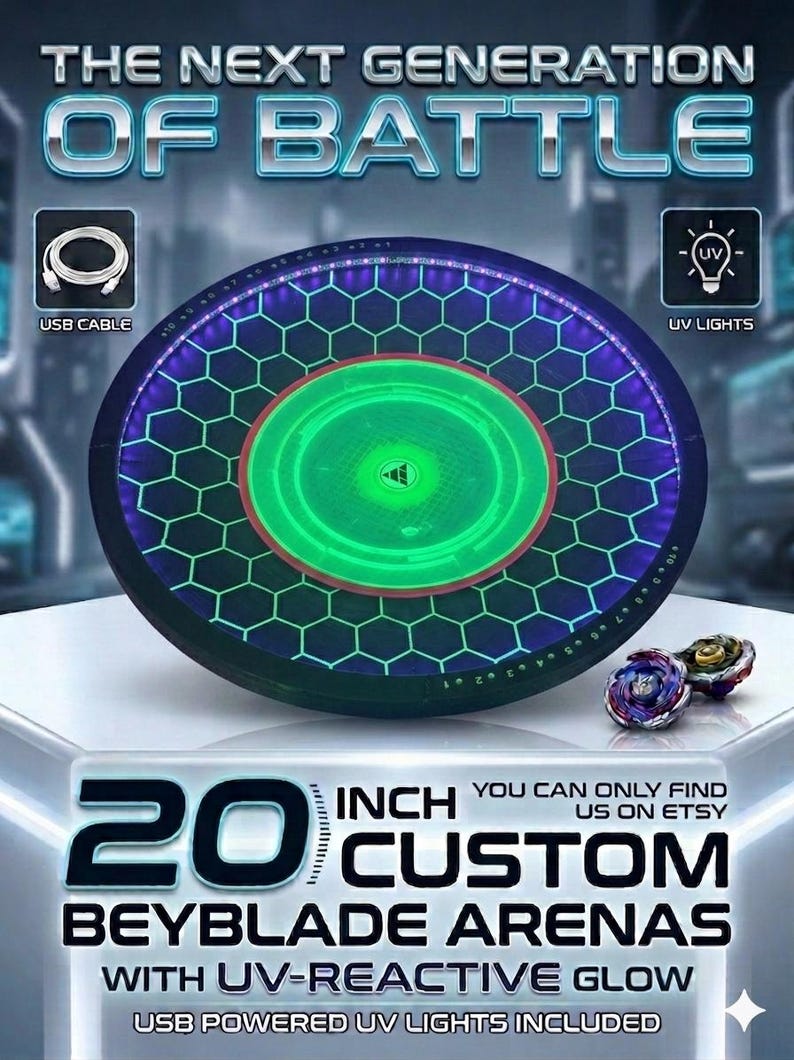 May include: A 20-inch circular Beyblade arena featuring a black surface with a glowing green center and a purple hexagonal grid pattern. The arena includes USB-powered UV lights, with text reading THE NEXT GENERATION OF BATTLE and 20 INCH CUSTOM BEYBLADE ARENAS.