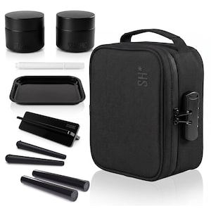 May include: A black lockable storage bag with the text SH* printed on the front, accompanied by two black cylindrical jars labelled STASHIC, a white marker, a black rectangular tray, a black stand, two black cones, and two black tubes.