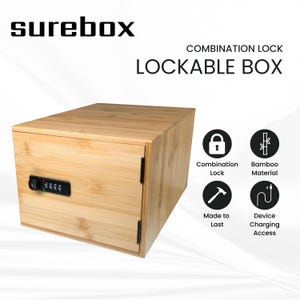 May include: A light brown bamboo lockable box with a combination lock. The box has the word "surebox" at the top left. The box has a combination lock and is made of bamboo material. The box is designed for device charging access.