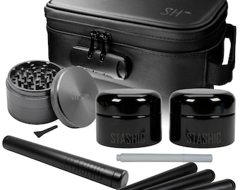 STASHIC Elite Smell Proof Bag Bundle - Vegan Leather - Lockable Case - Tray - Grinder - 2x UV Jars - xl Metal Tube - 3 Plastic Tubes - SH*
