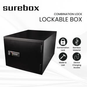 May include: A black lockable box with a combination lock. The box has the word "surebox" at the top left. The box is made of bamboo material and has device charging access.