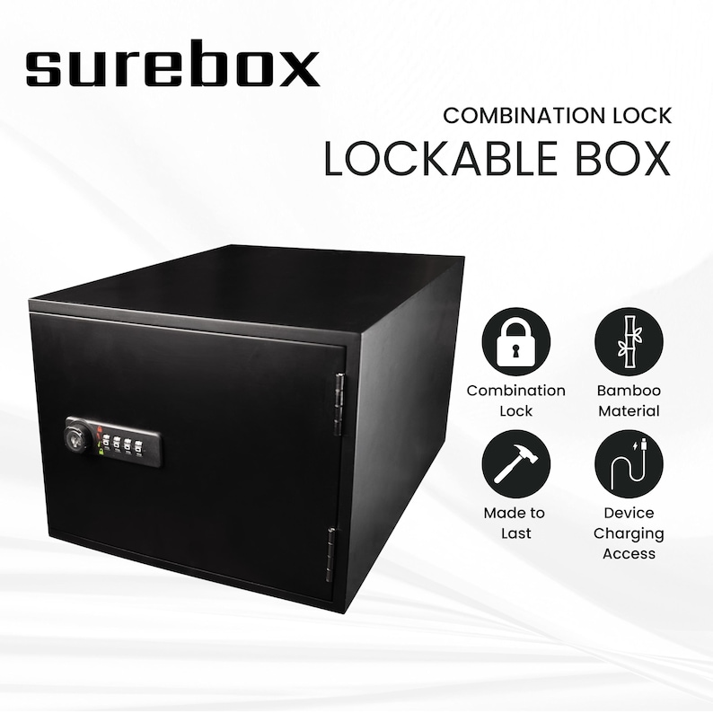 May include: A black lockable box with a combination lock. The box has the word "surebox" at the top left. The box is made of bamboo material and has device charging access.