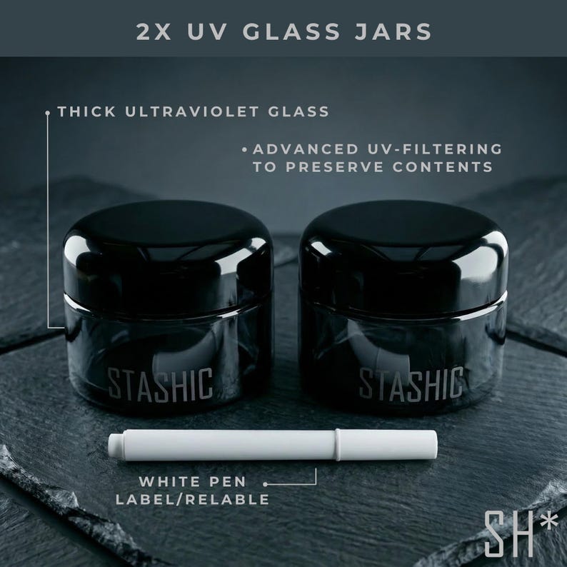 STASHIC 2x UV Glass Jar - Smell Proof Jar - 100ml Airtight Ultra Violet Glass Jar Container (2 PACK) image 2