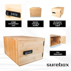 May include: A light-colored wooden box with a 4-digit combination lock. The box has a hinged door and is pre-assembled. Features include device charging access and no exterior branding. The word "surebox" is displayed at the bottom.