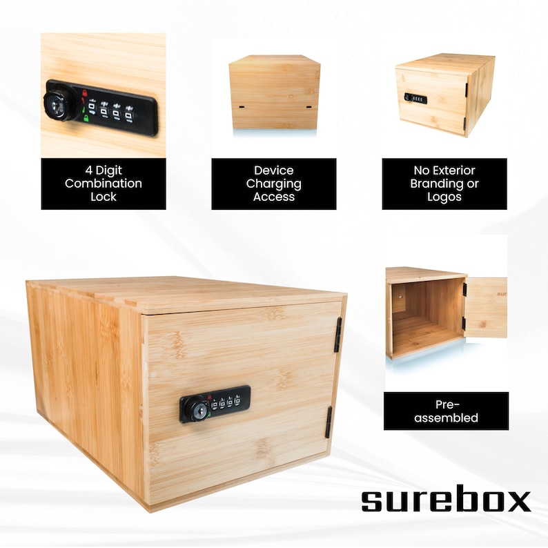 May include: A light-colored wooden box with a 4-digit combination lock. The box has a hinged door and is pre-assembled. Features include device charging access and no exterior branding. The word "surebox" is displayed at the bottom.
