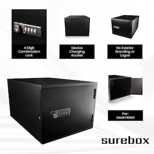 May include: A black security box with a 4-digit combination lock. The box has device charging access and is pre-assembled. The image also shows the text "No Exterior Branding or Logos" and the brand name "surebox".