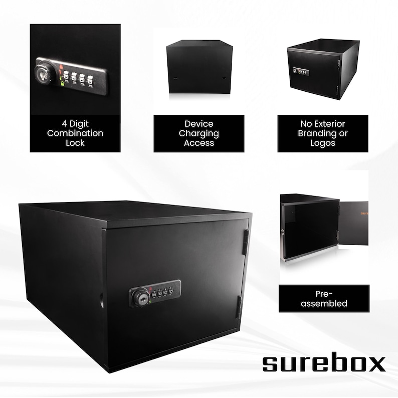 May include: A black security box with a 4-digit combination lock. The box has device charging access and is pre-assembled. The image also shows the text "No Exterior Branding or Logos" and the brand name "surebox".