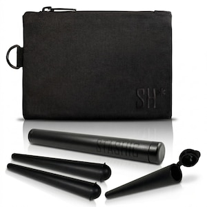 May include: Black zippered pouch with a metal ring and the embossed letters "SH*". Below are two black cone-shaped items, a black tube with the word "STASHIO" printed on it, and a black cone-shaped item with a hinged lid.