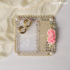 CRASTO INDIA HANDCRAFTED Festive Pooja Thali #31 -2-vati mirror acrylic pooja platter decorated with mirrors and flowers