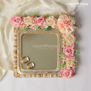 CRASTO INDIA HANDCRAFTED Festive Pooja Thali #32 - 2-vati mirror acrylic pooja platter decorated with flowers, beads and pearls