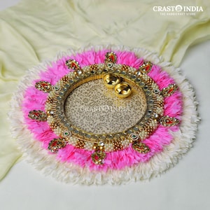 CRASTO INDIA HANDCRAFTED Festive Pooja Thali #34 - 2-vati mirror big acrylic pooja platter decorated with flowers and mirrors