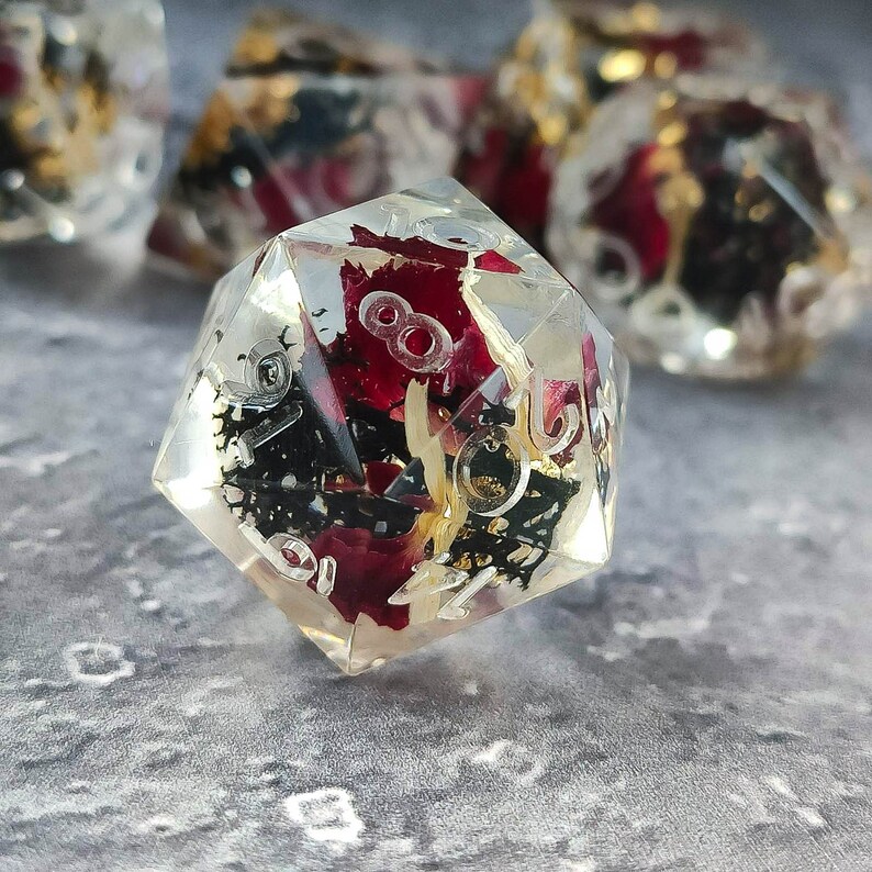 Flower Dnd Dice Set D20 Dice With Gold Flake and Red Flower Etsy