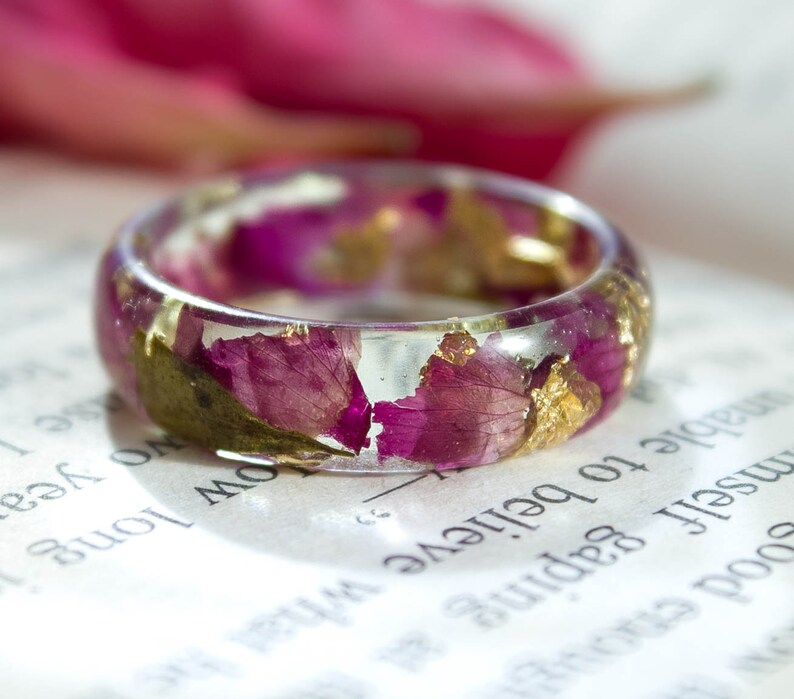 Resin Flower ring Rose Petal Gold rings Purity ring for Etsy