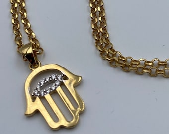 18k Real Gold Fatima Hand necklace, Hamsa Necklace, Rolo chain, 19.5 inches.