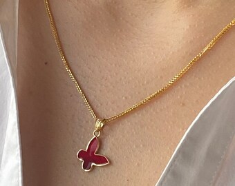 18k Real Gold Butterfly Necklace - Solid Gold Red Color Butterfly Necklace - Birthday Gift - Gift For Her - Anniversary Gift .