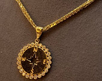 14K solid gold Compass pendant  with 18k foxtail necklace 2mm, compass jewelry, solid gold necklace,  custom pendant, traveler gift.