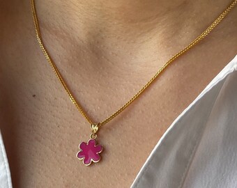 18k solid Gold Flower Necklace - Solid Gold pink  Color Flower Necklace - Birthday Gift - Gift For Her - Anniversary Gift , Kid's Jewelry