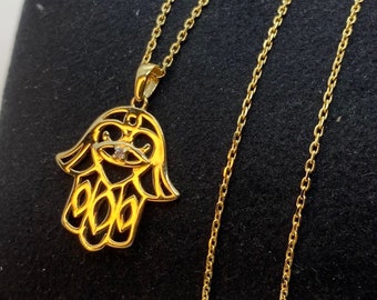 14k Solid Gold Lucky Hamsa Hand Necklace , Nazar Charm Pendant, Fatima Hand Necklace , Guardian necklace