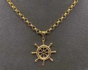 14k solid gold Ships Wheel Necklace 22 inches 2.5 mm, Anchor Necklace, Navy Necklace