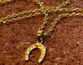 14k Solid Gold Horseshoe Necklace with 14k Gold Rolo chain, Lucky Charm Horseshoe Gold Pendant, Valentines Day Gift, Girlfriend Gift.